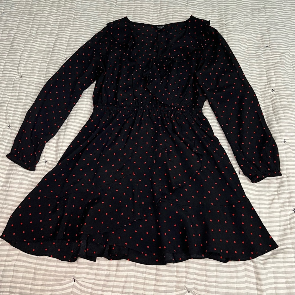 Express black with red polka dot dress size M